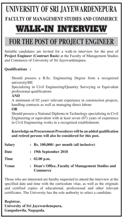 Project Engineer - University of Sri Jayewardenepura